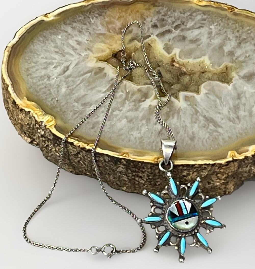 Zuni Sunface Sterling Silver Turquoise Inlay Pendant Necklace VTG Coral Opal Jet